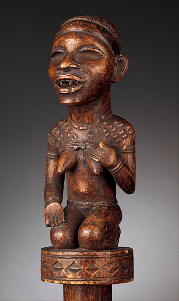 Staff : Finial with Kneeling Female Figure, Master of Kasadi Workshop, Wood, iron, metal strips, Kongo peoples; Yombe group