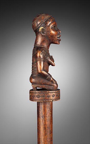 Staff : Finial with Kneeling Female Figure, Master of Kasadi Workshop, Wood, iron, metal strips, Kongo peoples; Yombe group
