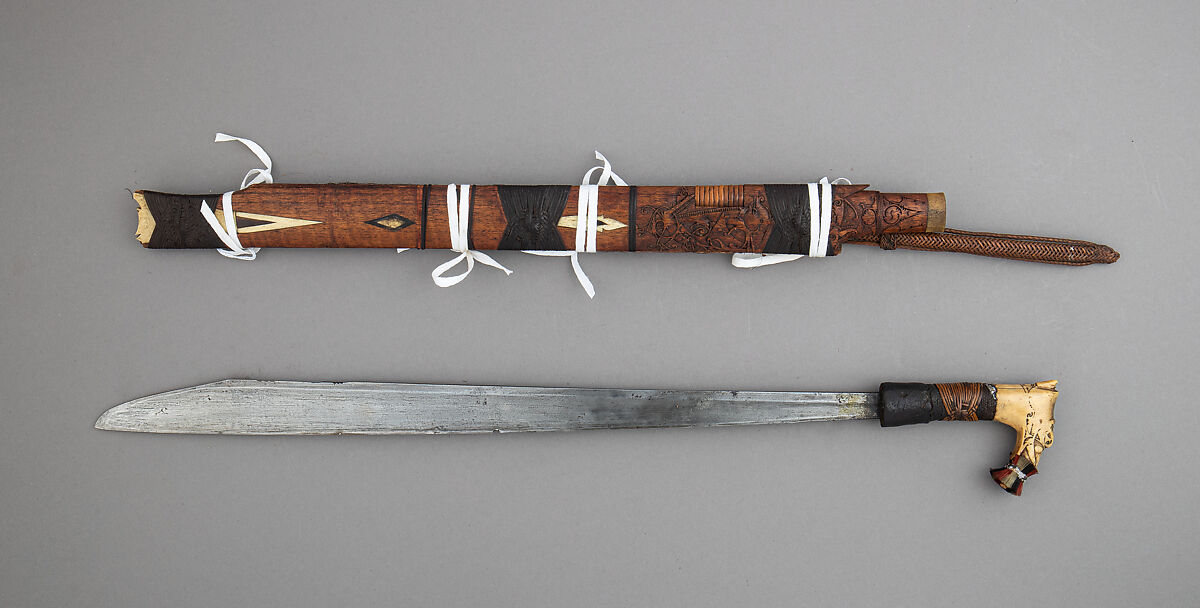 Sword (Mandau) with Scabbard, Wood, bone, horn, cane, Dyak