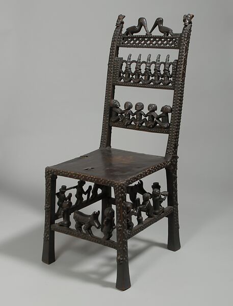 Chair: Rungs with Figurative Scenes (Ngundja), Wood, brass tacks, leather, Chokwe peoples 