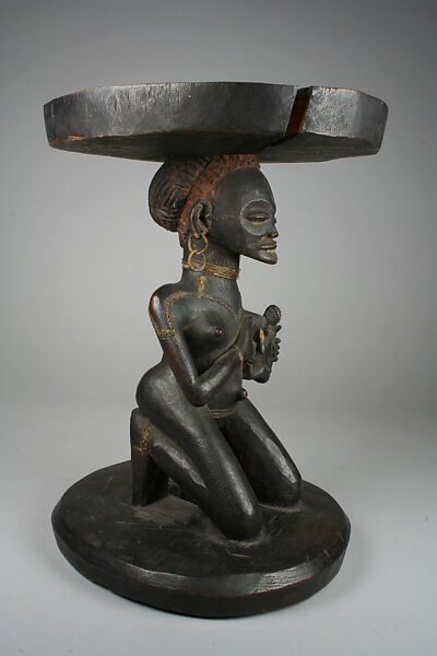 Prestige Stool: Mother and Child Caryatid, Wood, brass rings, pigment, copper wire (?), Chokwe peoples