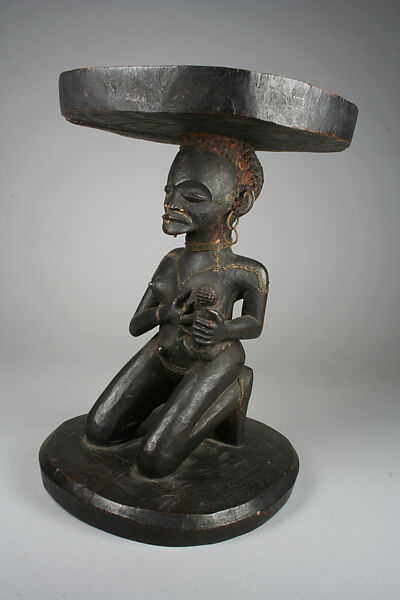 Prestige Stool: Mother and Child Caryatid, Wood, brass rings, pigment, copper wire (?), Chokwe peoples 