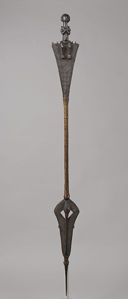 Ceremonial Staff: Seated Female Finial (Kibango), Wood, copper, metal, iron, Luba peoples 