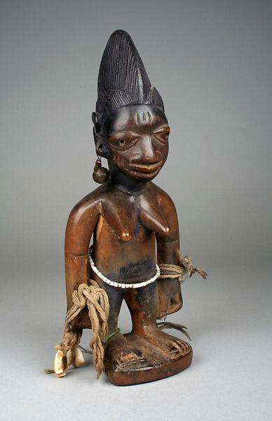 Twin Figure (Ibeji), Wood, cowrie shells, cord, beads, bronze bells, Yoruba peoples 