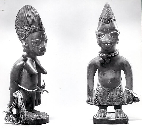 Twin Figure (Ibeji), Wood, cowrie shells, cord, beads, bronze bells, Yoruba peoples 