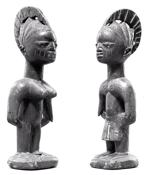 Twin Figure (Ibeji), Yoruba artist, Wood, cowrie shells, cord, beads, bronze bells, Yoruba peoples