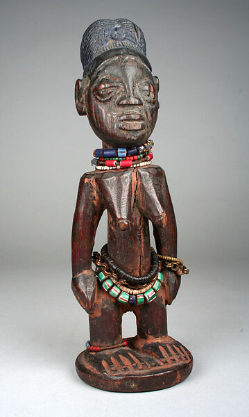 Twin Figure (Ibeji), Wood, cowrie shells, cord, beads, bronze bells, Yoruba peoples 
