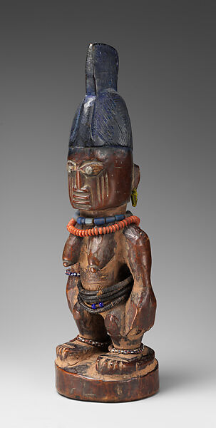 Twin Figure: Female (Ibeji), Yoruba artist, Wood, camwood powder, beads, metal, indigo, Yoruba peoples