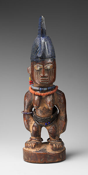 Twin Figure: Female (Ibeji), Wood, camwood powder, beads, metal, indigo, Yoruba peoples 