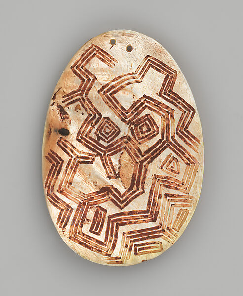 Engraved pearl shell (riji, or jakoli, longkalongka), Pearl shell, ocher, fiber, Western Kimberley 