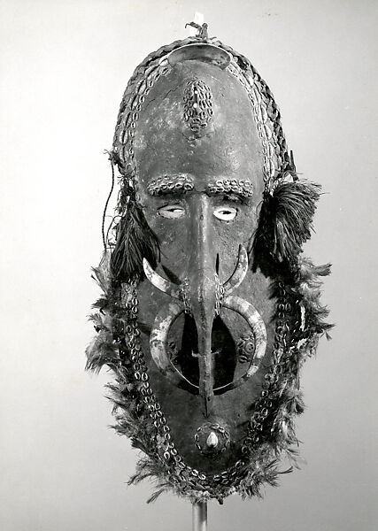Mask (Kandimbong [?]), Wood, pig's tusks, nass shells, feathers, fiber, paint, button, Angoram people 