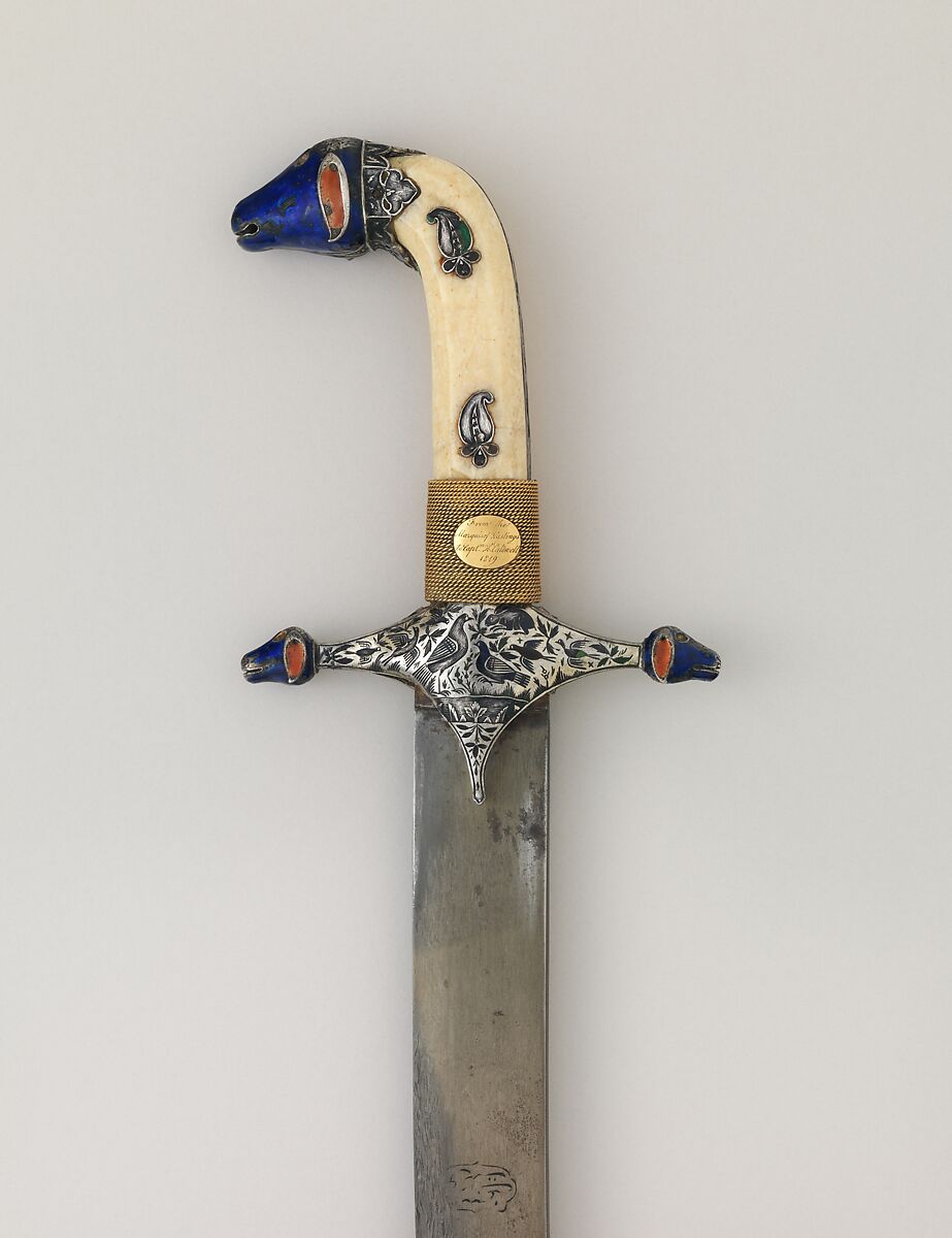 Saber (Shamshir) with Scabbard, Steel, silver, enamel, ivory, gold, glass, probably Indian; hilt and scabbard, Indian, probably Lucknow