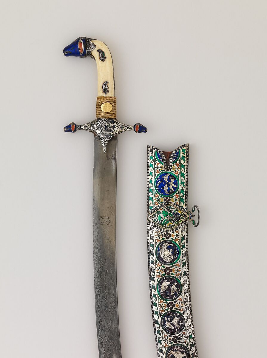 Saber (Shamshir) with Scabbard, Steel, silver, enamel, ivory, gold, glass, probably Indian; hilt and scabbard, Indian, probably Lucknow