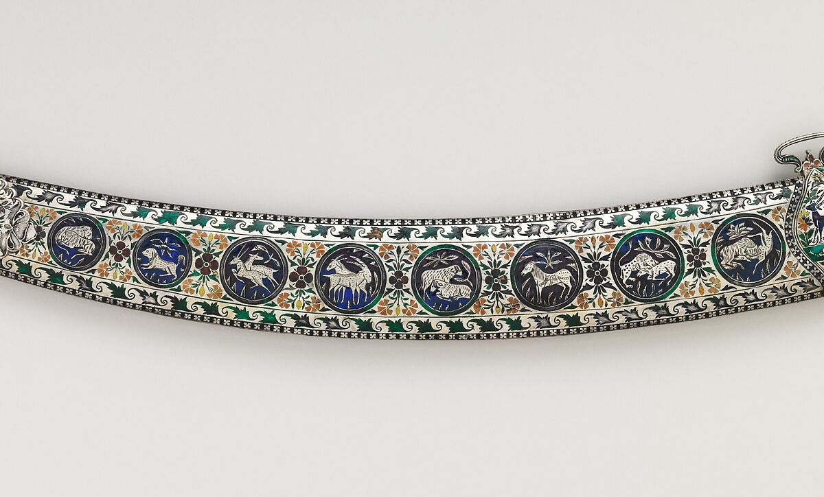 Saber (Shamshir) with Scabbard, Steel, silver, enamel, ivory, gold, glass, probably Indian; hilt and scabbard, Indian, probably Lucknow