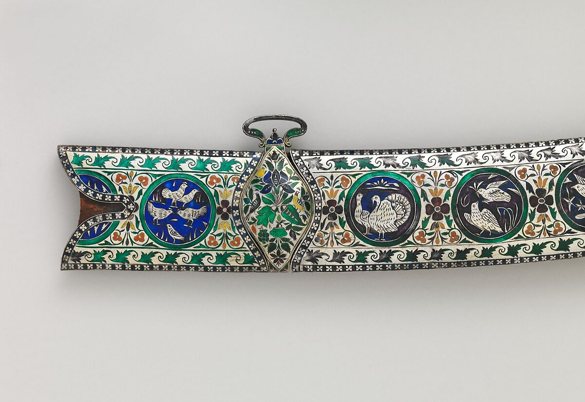 Saber (Shamshir) with Scabbard, Steel, silver, enamel, ivory, gold, glass, probably Indian; hilt and scabbard, Indian, probably Lucknow