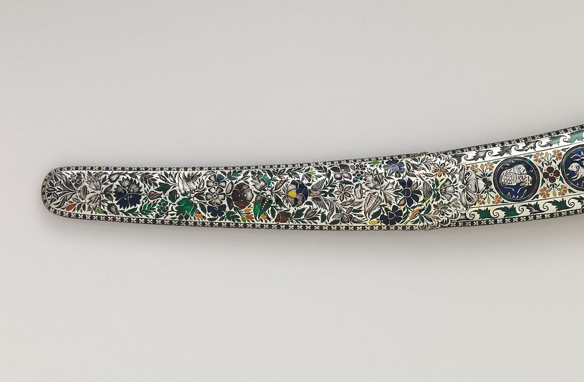Saber (Shamshir) with Scabbard, Steel, silver, enamel, ivory, gold, glass, probably Indian; hilt and scabbard, Indian, probably Lucknow