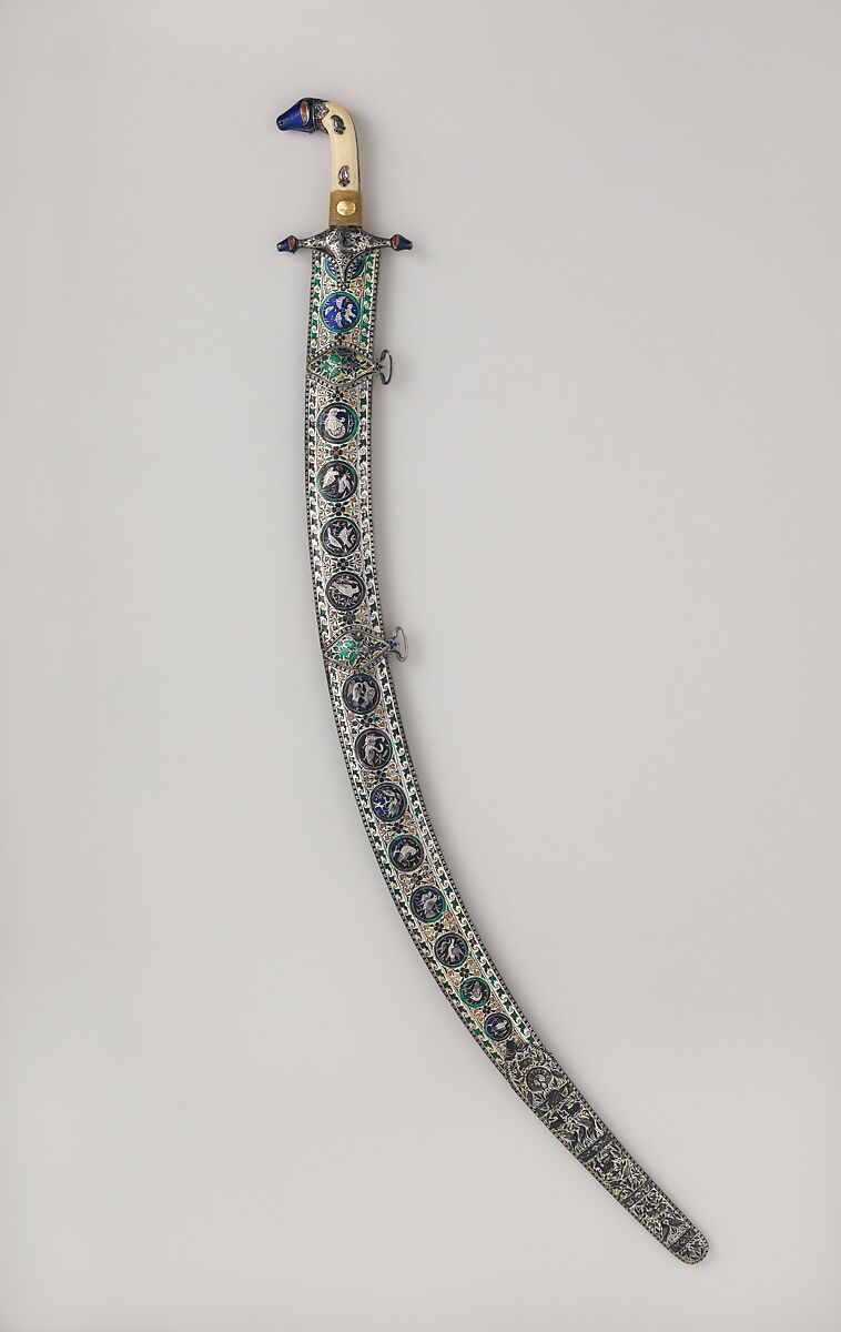 Saber (Shamshir) with Scabbard, Steel, silver, enamel, ivory, gold, glass, probably Indian; hilt and scabbard, Indian, probably Lucknow