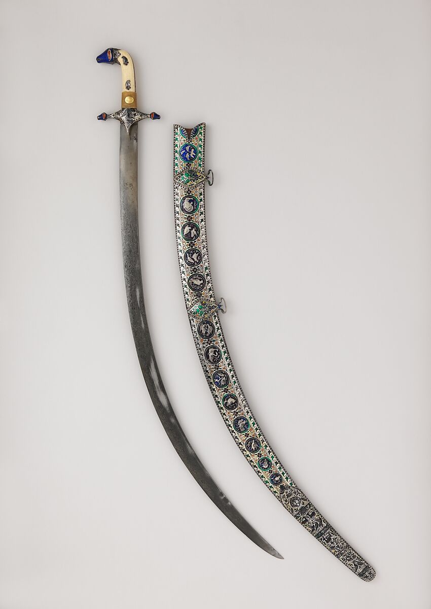Saber (Shamshir) with Scabbard, Steel, silver, enamel, ivory, gold, glass, probably Indian; hilt and scabbard, Indian, probably Lucknow 