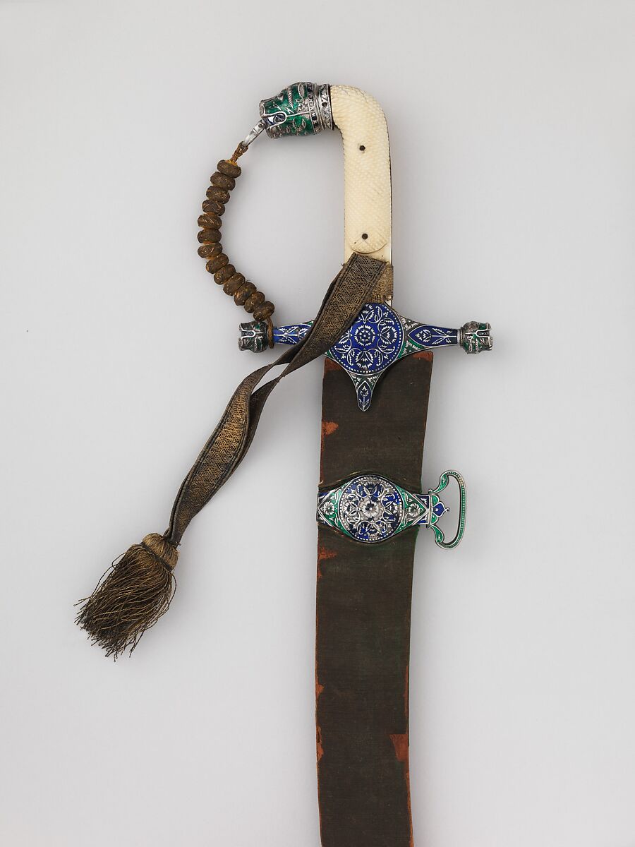 Sword (Shamshir) with Scabbard and Belt, Steel, gold, ivory, wood, enamel, velvet, silver, textile, hilt, scabbard, and belt, Indian; blade, northern India