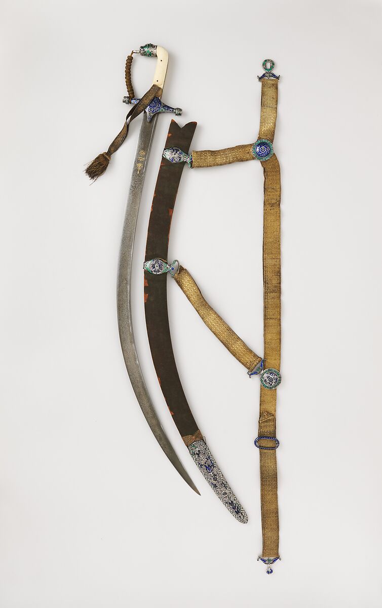 Sword (Shamshir) with Scabbard and Belt, Steel, gold, ivory, wood, enamel, velvet, silver, textile, hilt, scabbard, and belt, Indian; blade, northern India 