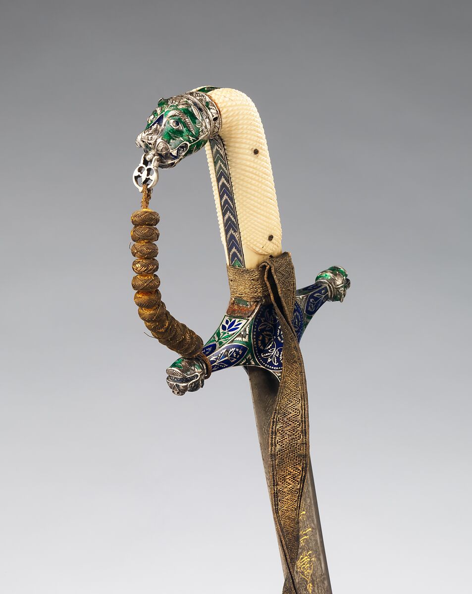 Sword (Shamshir) with Scabbard and Belt, Steel, gold, ivory, wood, enamel, velvet, silver, textile, hilt, scabbard, and belt, Indian; blade, northern India