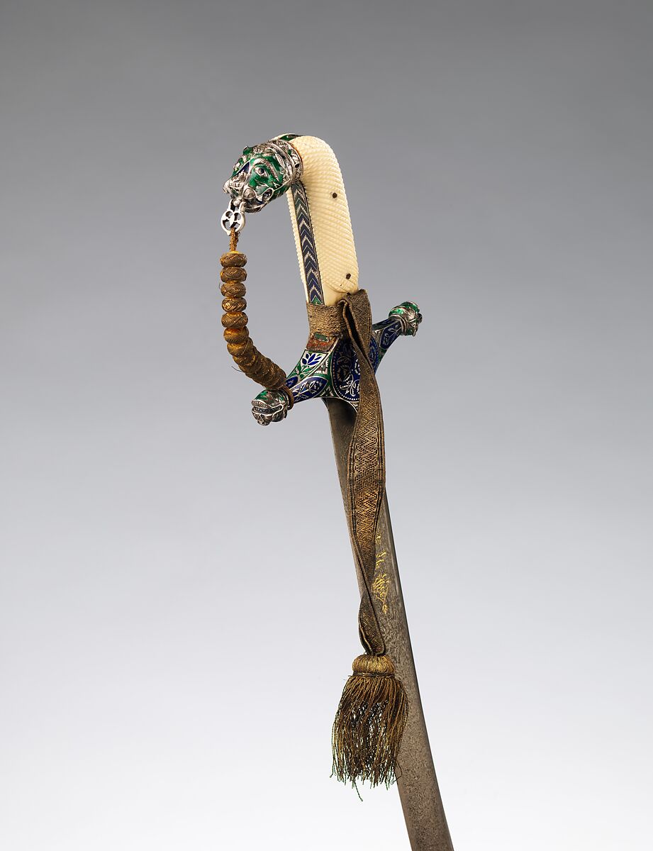 Sword (Shamshir) with Scabbard and Belt, Steel, gold, ivory, wood, enamel, velvet, silver, textile, hilt, scabbard, and belt, Indian; blade, northern India