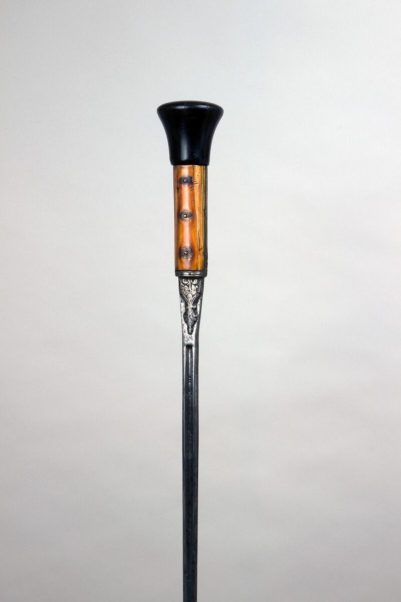 Sword Cane with Scabbard, Steel, ivory, horn, lacquer, hilt, scabbard, Indian; blade, European