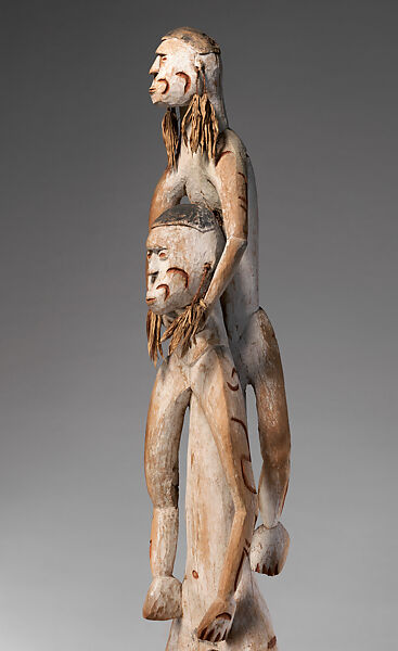 Double ancestor figure, Okoachino, Wood, paint, fiber, sago palm leaves, Asmat people