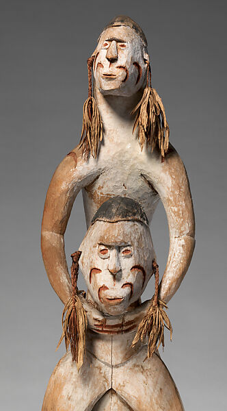 Double ancestor figure, Okoachino, Wood, paint, fiber, sago palm leaves, Asmat people
