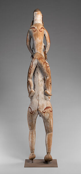 Double ancestor figure, Okoachino, Wood, paint, fiber, sago palm leaves, Asmat people