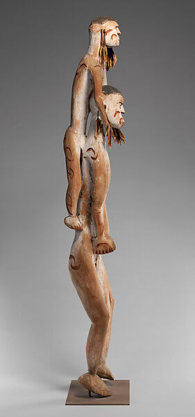 Double ancestor figure, Okoachino, Wood, paint, fiber, sago palm leaves, Asmat people