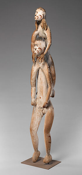 Double ancestor figure, Okoachino, Wood, paint, fiber, sago palm leaves, Asmat people