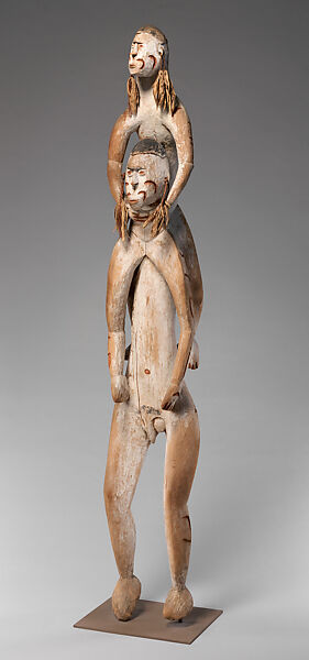 Double ancestor figure, Okoachino, Wood, paint, fiber, sago palm leaves, Asmat people