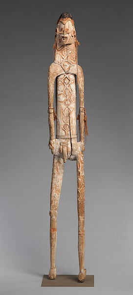 Male Figure, Wood, paint, sago palm leaves, fiber, bamboo, Asmat people 