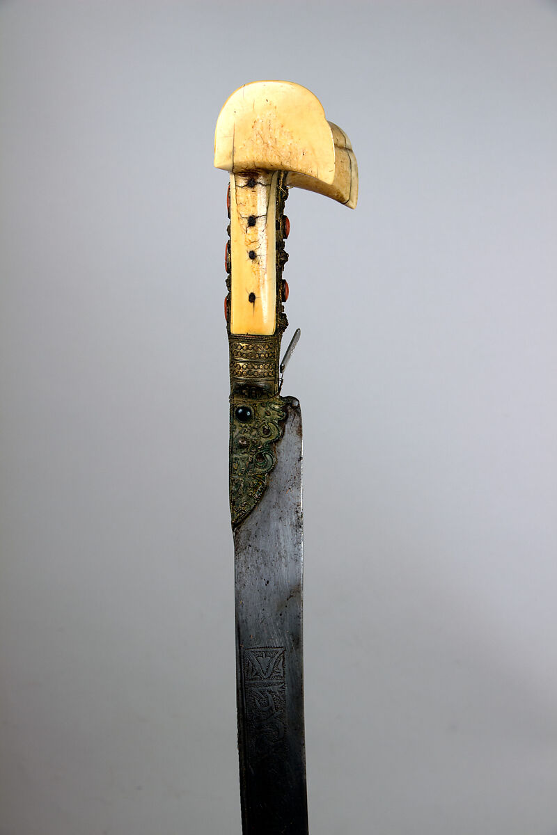 Sword (Yatagan) with Scabbard, Steel, ivory, copper, gold, coral, emeralds, Turkish