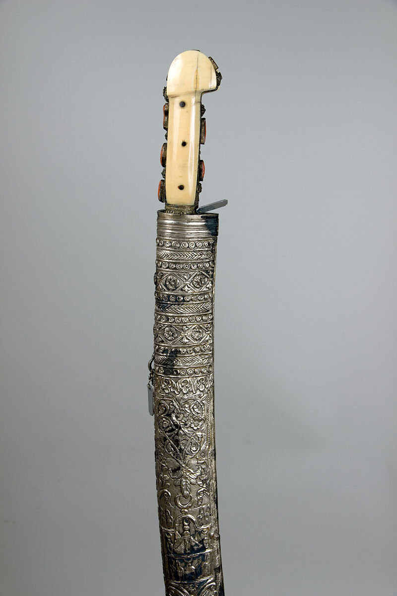 Sword (Yatagan) with Scabbard, Steel, silver, ivory, copper, coral, Turkish 