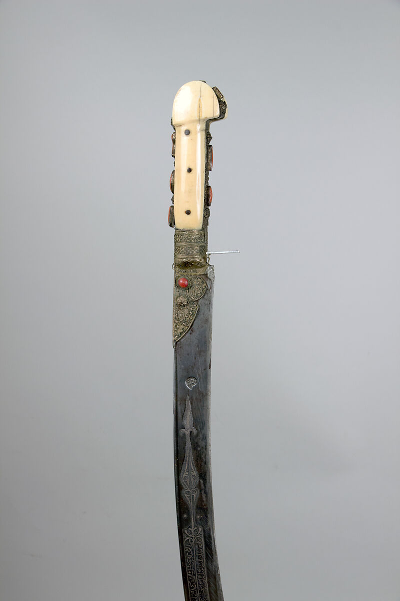 Sword (Yatagan) with Scabbard, Steel, silver, ivory, copper, coral, Turkish