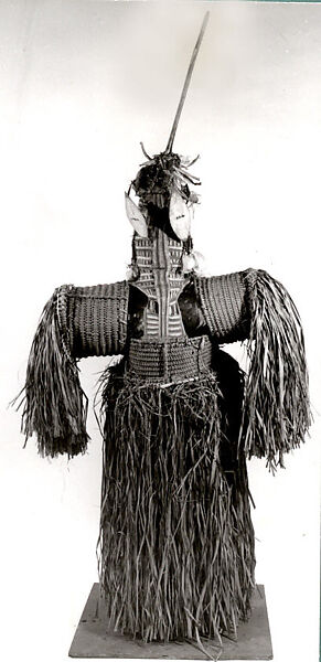 Body Mask, Fiber, sago palm leaves, wood, bamboo, feathers, seeds, paint, Asmat people 