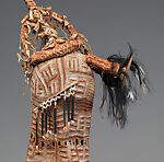 Body mask, Asmat artist, Mulberry fiber, rattan, sago palm leaves, wood, bamboo, cassowary bone, cassowary feathers, feathers, coix seeds, pigment, Asmat people