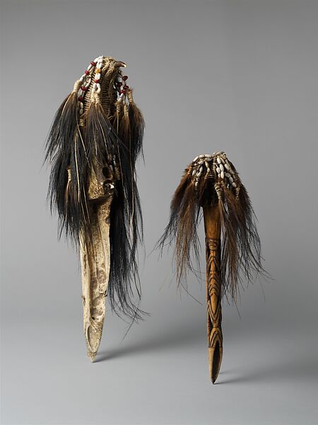 Dagger, Crocodile jawbone, cassowary feathers, cassowary quills, fiber, seeds, Asmat people
