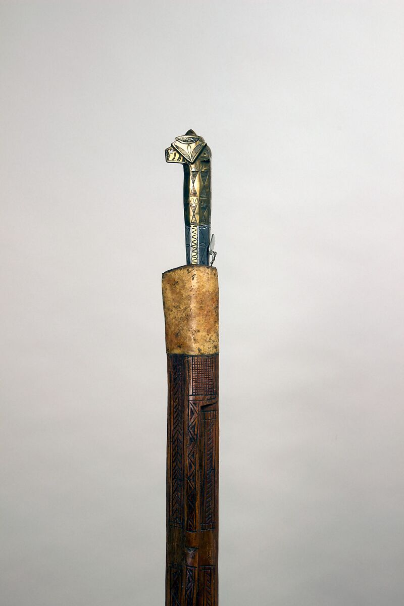 Sword (Flyssa) with Scabbard, Steel, brass, wood, rawhide, Algerian, Kabyle