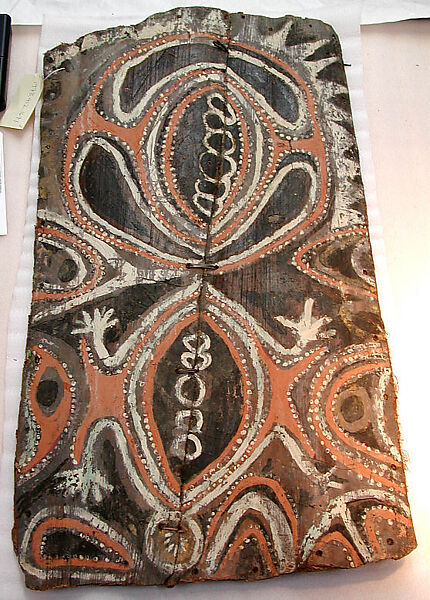 Painting from a Ceremonial House Ceiling, Yuanei, Abgwala Kalaba, Sago palm spathe, paint, old New Guinea style holes at edges, Kwoma, Abgwala Kalaba clan