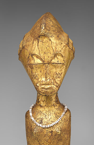 Female sika blawa figure, Baule artists, Wood, gold foil, beads, Baule peoples