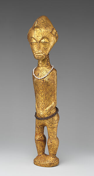 Female sika blawa figure, Baule artists, Wood, gold foil, beads, Baule peoples