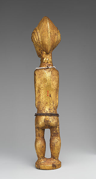 Female sika blawa figure, Baule artists, Wood, gold foil, beads, Baule peoples