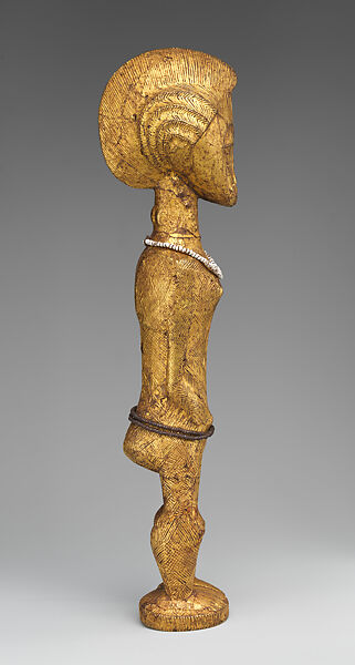Female sika blawa figure, Baule artists, Wood, gold foil, beads, Baule peoples