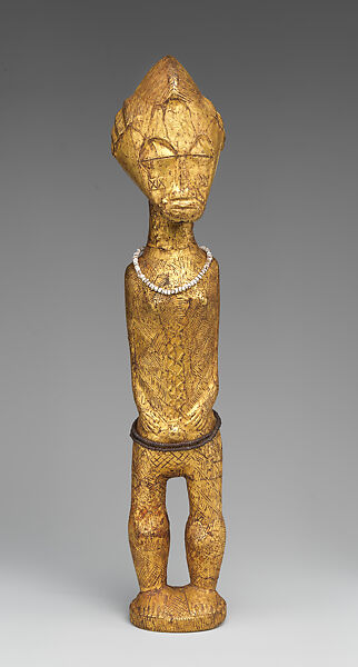 Female Figure (Sika Blawa), Wood, gold foil, beads (glass?), plant fiber, Baule peoples 