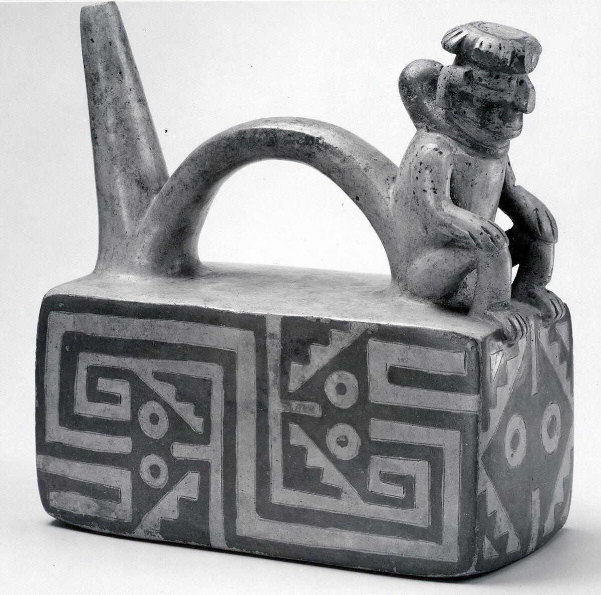 Bridge and Spout Bottle with Figure on Throne, Ceramic, Viru