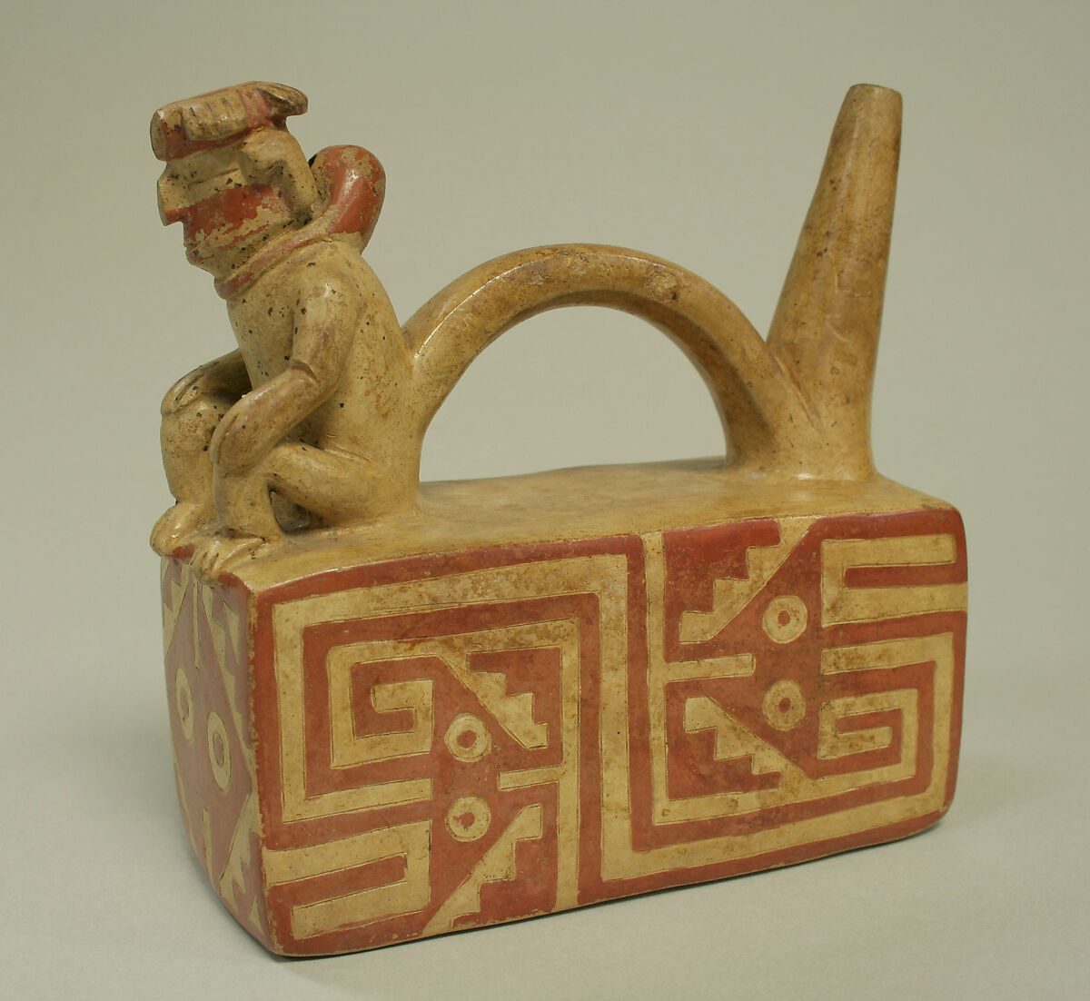 Bridge and Spout Bottle with Figure on Throne, Ceramic, Viru 