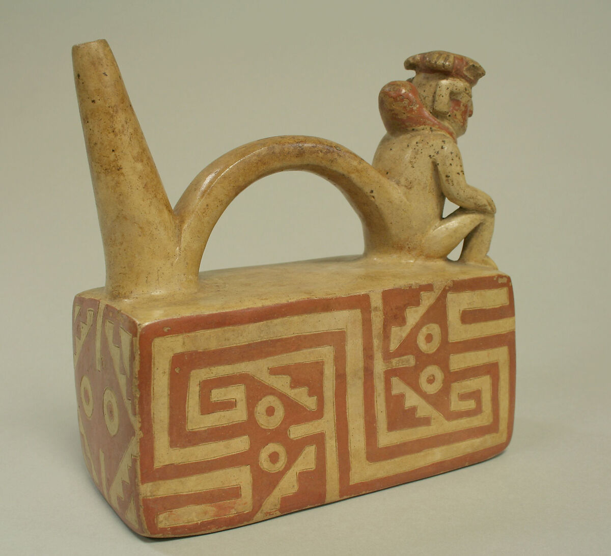 Bridge and Spout Bottle with Figure on Throne, Ceramic, Viru